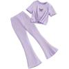 imageOYOANGLE Girls 2 Piece Ribbed Knit Pants Set Butterfly Appliques Short Sleeve Top and Flared TrousersPurple