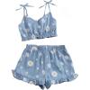 imageOYOANGLE Girls 2 Piece Summer Outfits Ditsy Floral print Crop Cami Top and Ruffle Shorts Clothing SetBlue