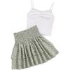 imageOYOANGLE Girls 2 Piece Summer Outfits Spaghetti Strap Lace Trim Camisole and Floral Ruffle Layered Skirts SetWhite and Green