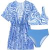 imageOYOANGLE Girls 3 Piece Floral Bikini Set Swimwear Bathing Suit Swimsuit and KimonoBlue and White