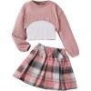 imageOYOANGLE Girls 3 Piece Outfit Tank Top and Plaid Pleated Skirt with High Low Hem Crop Shirt SetPink