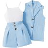imageOYOANGLE Girls 3 Piece Outfits Suit Set Button Sleeveless Blazer Vest and Ribbed Cami Top with Pleated ShortsBlue