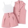 imageOYOANGLE Girls 3 Piece Outfits Suit Set Button Sleeveless Blazer Vest and Ribbed Cami Top with Pleated ShortsDusty Pink