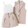 imageOYOANGLE Girls 3 Piece Outfits Suit Set Button Sleeveless Blazer Vest and Ribbed Cami Top with Pleated ShortsWhite and Khaki