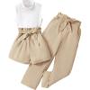 imageOYOANGLE Girls 3 Piece Outfits Tank Top and Paperbag Waist Pants and Belted Shorts Sets with Pockets Cute Clothing SetKhaki