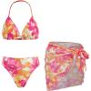 imageOYOANGLE Girls 3 Piece Triangle Swimsuits Floral Print High Waisted Halter Bikini Set with Cover Up SkirtPink