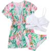 imageOYOANGLE Girls 3 Piece Tropical Print Criss Cross Bikini Swimsuit with Cover Up KimonoGreen Pink
