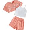 imageOYOANGLE Girls 3 Pieces Summer Outfits Graphic Print Crop Tee Top and Cami Top with Shorts SetCoral Orange