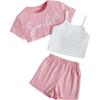 imageOYOANGLE Girls 3 Pieces Summer Outfits Graphic Print Crop Tee Top and Cami Top with Shorts SetWhite and Pink