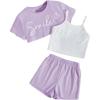 imageOYOANGLE Girls 3 Pieces Summer Outfits Graphic Print Crop Tee Top and Cami Top with Shorts SetWhite and Purple