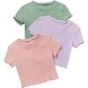 imageOYOANGLE Girls 3Pcs RibKnit Short Sleeve Crop Top Crew Neck Lettuce Trim Crop Tee TopPink Purple Green