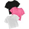 imageOYOANGLE Girls 3Pcs RibKnit Short Sleeve Crop Top Crew Neck Lettuce Trim Crop Tee TopWatermelon Pink