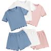 imageOYOANGLE Girls 6 Piece Outfits Crew Neck Short Sleeve Lettuce Trim Tee Shirt and Shorts SetsDusty Blue