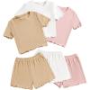 imageOYOANGLE Girls 6 Piece Outfits Crew Neck Short Sleeve Lettuce Trim Tee Shirt and Shorts SetsKhaki