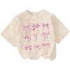 imageOYOANGLE Girls Bow Print T Shirt Crew Neck Short Sleeve Drop Shoulder Loose Casual Tee TopsBeige