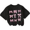 imageOYOANGLE Girls Bow Print T Shirt Crew Neck Short Sleeve Drop Shoulder Loose Casual Tee TopsBlack