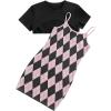 imageOYOANGLE Girls Cute 2 Piece Outfits Print Cami Short Dress with Crop Top Tee SetBlack and Pink