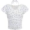 imageOYOANGLE Girls Ditsy Floral Print Ruched Short Sleeve Tee Shirt Lace Trim Slim Fitted Halter TopWhite