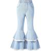 imageOYOANGLE Girls Elastic Waist Flared Leg Denim Pants Raw Trim Bell Bottom Jeans with PocketsLight Blue