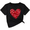 imageOYOANGLE Girls Sequin Sparkle Heart Pattern Short Sleeve Round Neck T Shirt Casual Summer Tees TopsBlack