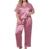 imageOYOANGLE Womens 2 Piece Plus Size Heart Printed Silk Satin Pajama Set Short Sleeve Shirt and Pants Lounge SetsDusty Pink