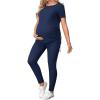 imageOYOANGLE Womens Maternity 2 Piece Outfits Drawstring Ruched Short Sleeve Ribbed Tee Top ampamp Leggings Pregnancy Lounge SetDeep Blue