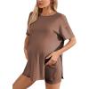 imageOYOANGLE Womens Maternity 2 Piece Outfits Short Sleeve Split Hem Tee Shirt and Shorts SetBrown