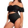 imageOYOANGLE Womens Maternity 2 Pieces High Waist Off Shoulder Ruffle Hem Bikini Set Swimsuit Pregnancy SwimwearBlack