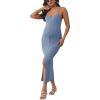 imageOYOANGLE Womens Maternity Cami Dress Split Hem Rib Knit Buttoned Sleeveless Long Bodycon Slip DressesBlue