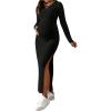 imageOYOANGLE Womens Maternity Dress Long Sleeve Round Neck Split Thigh Rib Knitted Bodycon Long DressesBlack