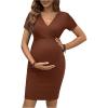 imageOYOANGLE Womens Maternity Dress Ribbed Knit V Neck Short Sleeve Bodycon Dress Elegant Short Nursing DressesRust Brown