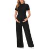 imageOYOANGLE Womens Maternity Lounge Set 2 Piece Ribbed Knit Short Sleeve Top and Pants Pajama Set SleepwearBlack
