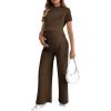 imageOYOANGLE Womens Maternity Lounge Set 2 Piece Ribbed Knit Short Sleeve Top and Pants Pajama Set SleepwearBrown
