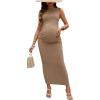 imageOYOANGLE Womens Maternity Mock Neck Sleeveless Ruched Dress Pregnancy Bodycon Maxi Tank DressesKhaki