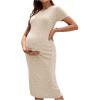 imageOYOANGLE Womens Maternity Ribbed Knit Dress Crew Neck Short Sleeve Pregnancy Midi DressesApricot