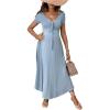 imageOYOANGLE Womens Maternity Short Sleeve Midi Dress Deep V Neck Flowy Pregnancy Long DressesBlue