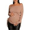 imageOYOANGLE Womens Maternity Textured Long Sleeve Off The Shoulder Tee Shirt Drawstring Side Long Tee TopsApricot