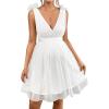 imageOYOANGLE Womens Maternity Tie Shoulder V Neck Belted Dress Sleeveless Backless Mesh Flared Short DressesWhite