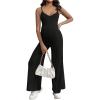 imageOYOANGLE Womens Maternity V Neck Spaghetti Strap Ribbed Knit Long Pants JumpsuitsBlack