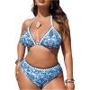 imageOYOANGLE Womens Plus Size 2 Piece Boho Printed Bikini Swimsuit Triangle Halter Bathing Suit High Waisted SwimwearBlue and White