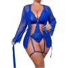 imageOYOANGLE Womens Plus Size 2 Piece Embroidery Lace Robe with Teddy Babydoll Bodysuit Lingerie SetRoyal Blue