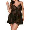 imageOYOANGLE Womens Plus Size 2 Piece Lace Sheer Open Front Underwire Chemise Nightdress with Panty Lingerie SetBlack