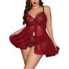 imageOYOANGLE Womens Plus Size 2 Piece Lace Sheer Open Front Underwire Chemise Nightdress with Panty Lingerie SetBurgundy
