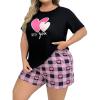 imageOYOANGLE Womens Plus Size 2 Piece Pajama Set Plaid Print Short Sleeve Tee Top and Shorts Set SleepwearBlack Graphic