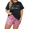 imageOYOANGLE Womens Plus Size 2 Piece Pajama Set Plaid Print Short Sleeve Tee Top and Shorts Set SleepwearBlack and Pink