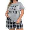 imageOYOANGLE Womens Plus Size 2 Piece Pajama Set Plaid Print Short Sleeve Tee Top and Shorts Set SleepwearGrey Black