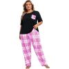 imageOYOANGLE Womens Plus Size 2 Piece Pajama Set Short Sleeve Tee Shirt and Plaid Print Pants Set LoungewearHot Pink