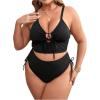 imageOYOANGLE Womens Plus Size 2 Piece Swimsuits Cut Out Tie Front Bikini Set High Waisted Bathing Suits SwimwearBlack