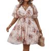 imageOYOANGLE Womens Plus Size Boho Floral Print High Waist V Neck Flared A Line Short DressLight Pink