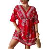 imageOYOANGLE Womens Plus Size Boho Floral Print High Waist V Neck Flared A Line Short DressLight Red